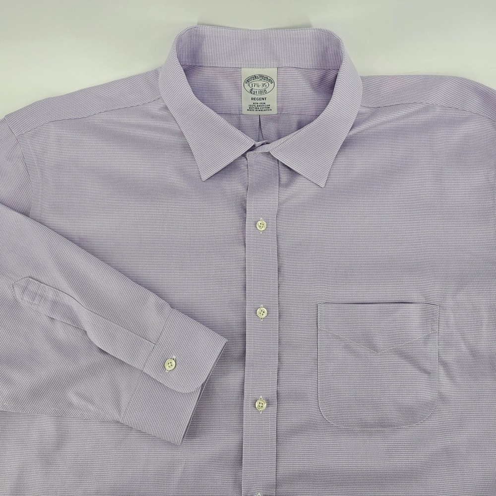 Brooks Brothers Regent Non-Iron Dress Shirt Purple Micro Check 17.5 35 Cotton